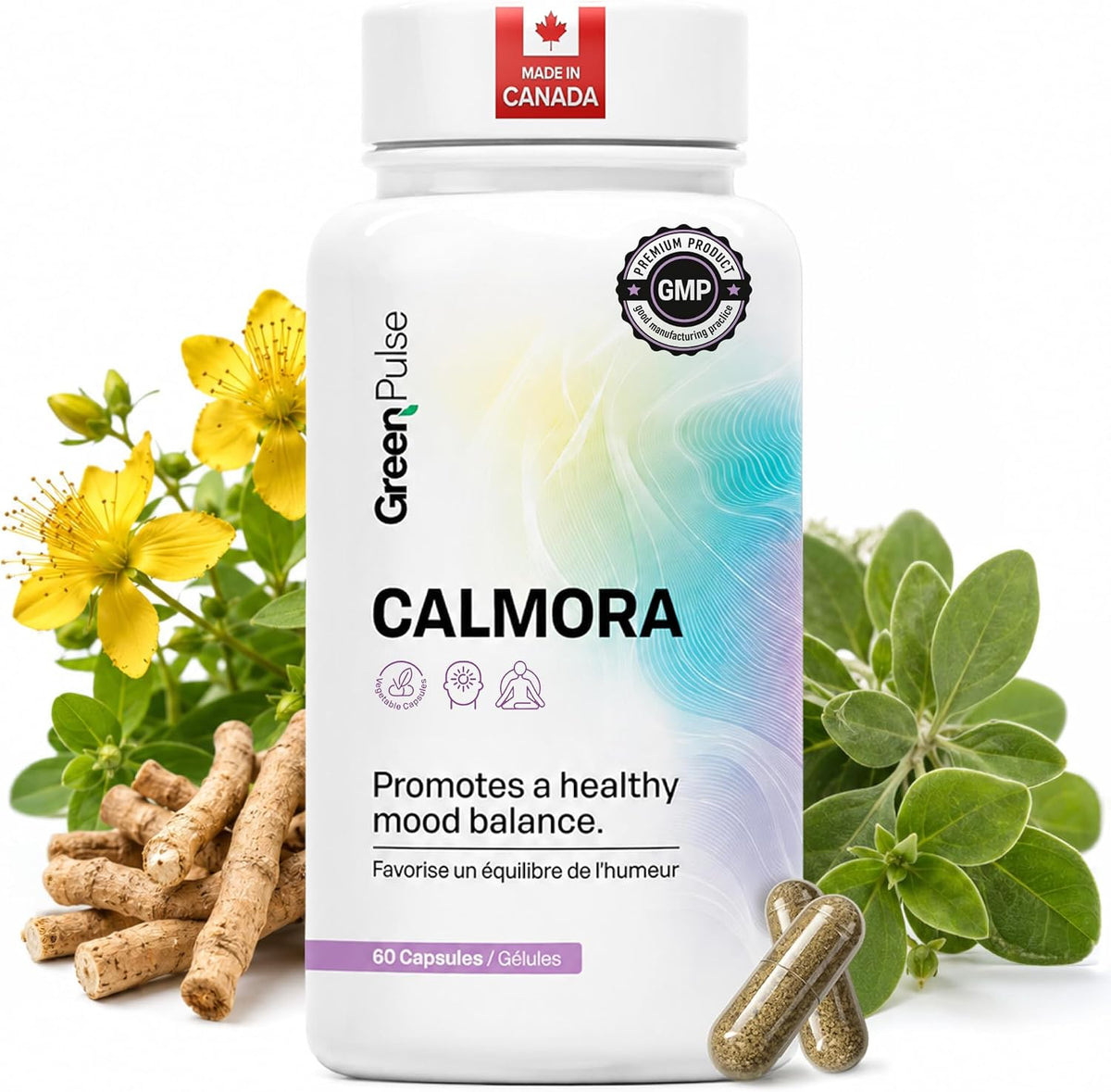 Calmora St. John's Wort, Ashwagandha and 5-HTP mood support capsules by GreenPulse